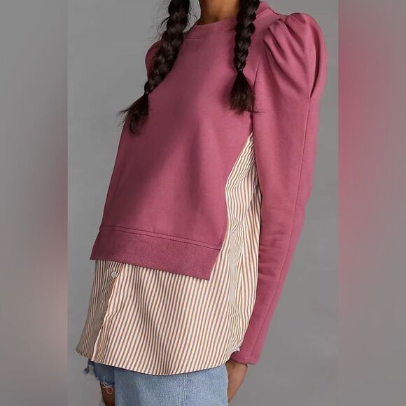 Anthropologie Maeve Puff Sleeve Twofer Layered Tunic Sweatshirt Pink Combo Sz S - Picture 4 of 12